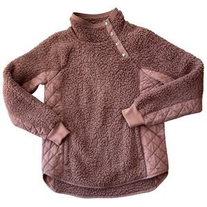 Abercrombie & Fitch Women Sherpa Fleece Pullover Small Brown Quilted Snap Neck